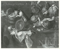 Still Life of Cabbages and a Basket of Meat on a Table, with a Cat