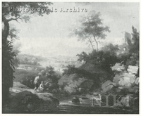 Extensive Southern Landscape with Travellers beside a stream and Mountains beyond