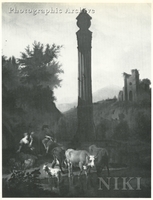 Italianate Landscape with Herdsmen and Cattle near a River, a Column and Ruins beyond