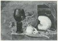 Wine Glass with Grapes and a Peeled Lemon on a Plate, a Nautilus and a Casket on a Ledge