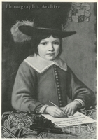 Portrait of a Young Boy, Half Length, in a Black Feathered Hat and Grey Jacket, at a Table Writing Out the Eighth Satire of Juvenal