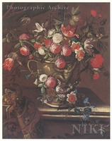 Roses, Tulips, Convolvulus and Other Flowers in a Sculptured Vase on a Ledge with Drapery