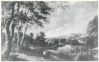 Wooded River Landscape with Figures in the Foreground and Cottages beyond