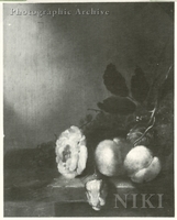 Still Life of Roses, Peaches and Grapes on a Stone Ledge