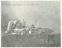 Books and Bottles on a Draped Table