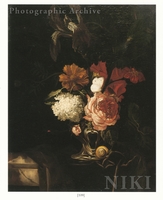 Rose, Iris, Lilac and Other Flowers in an Auricular Silver Vase with a Snail and a Butterfly on a Draped Ledge