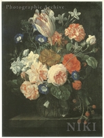 Flowers and Blackberries in a Glass Vase on a Ledge