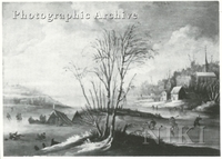 Frozen River Landscape with Skaters by a Village