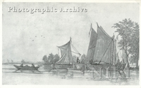 Fishing Boats Moored by the Bank of a River with Two Figures in a Rowing Boat and a Windmill in the Background