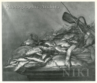 Still Life of River Fish, Including Pike, Carp, Dace, Roach and Other Fish Piled against a Basket, a Gun and a Fishing Rod to the Right