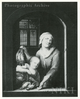 Woman and Child Holding Partridge beneath an Arched Doorway, a Window beyond