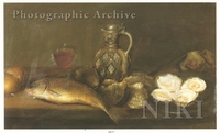 Breakfast Still Life with Stoneware Jug, a Fish and Oysters on a Plate, and a Glass of Wine on a Ledge