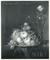 Still Life of Fruit on a Plate and Glass Vase with a Rose