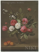 Flowers in a Glass Vase with Peaches on a Ledge