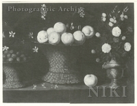 Basket of Apples and Nuts, with a Vase of Flowers on a Ledge