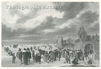 Frozen River Landscape with Figures, Sleighs and Horses by the Watergate of a Town