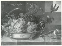 Bunches of Grapes in a Wan-Li-Kraak Porcelain Bowl, and Bread and a Knife on a Pewter Plate on a Draped Table