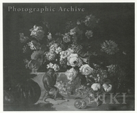 Roses and Other Flowers on a Ledge, with Fruits, a Parrott and a Monkey