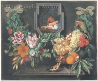 Swag of Ivy with Grapes, Oranges, Tulips and Other Flowers Decorating a Vignette, Set in a Stone Cartouche, of a Satyr and Nymph