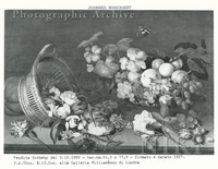 Overturned Basket of Roses, Tulips, an Iris and Other Flowers beside a Porcelain Bowl of Fruit on a Stone Shelf