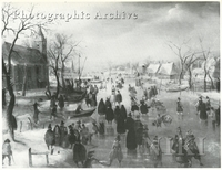 Extensive Winter Landscape with Skaters by a Village