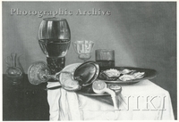 Still Life of a Glass of Wine, an Upturned Nautilus Cup with Oysters and a Peeled Lemon on Pewter Plates, on a Draped Table