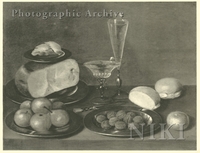 Still Life of a Bowl of Fruit, Bread, Cheese and Walnuts