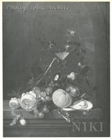 Glass of Wine, a Spray of Roses, Grapes, an Orange, Chestnuts and an Oyster on a Stone Ledge