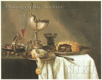 Breakfast Still Life with a Pie on a Plate, a Rummer, a Nautilus Cup and a Peeled Lemon on a Plate on a Draped Table