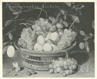 Basket of Grapes, Peaches, Plums and Other Fruit with Carnation and Cherries on a Ledge