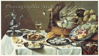 Still Life of a Fruit in a Porcelain Bowl, Oysters, Olives, a Peeled Lemon, a Pie, Bread, a Glass of Wine, a Nautilus Cup and a Turkey on a Draped Table