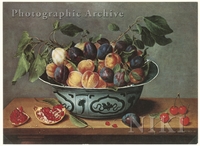 Peaches and Plums in a Blue and White Chinese Bowl with Pomegranates, Cherries and Plum on a Table