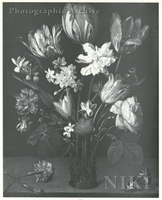 Snowdrops, Tulips, Narcisses and Other Flowers in a Glass Vase with a Butterfly on a Ledge