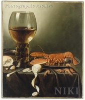 Still Life with a Lobster, Prawns, a Peeled Lemon, Bread and a Glass of Wine on a Draped Table