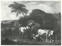 Oxen, a Horse and Other Animals and a Cowherd in a Farmyard with an Extensive Landscape beyond