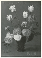 Roses, Tulips and an Iris in a Rummer with Cherries on a Ledge