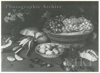 Still Life of a Porcelain Bowl of Plums, a Basket of Grapes, Dead Finches, a Vase of Flowers, of Wine and a Loaf of Bread on a Table