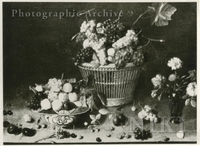 Basket of Grapes and Peaches, a Bowl of Plums, Grapes and Peaches and a Vase of Flowers on a Ledge