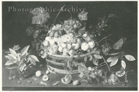 Basket of Grapes, Plums, Peaches and Apricots with Vase of Flowers, Cherries, Pomegranate and Nuts on a Table