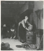 Kitchen Interior with a Woman Cleaning Pots and Two Children Playing