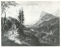 Extensive Mountainous Wooded River Landscape with Peasants by Cottage in the Foreground