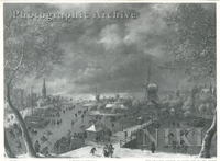Extensive Winter Landscape with Numerous Skaters by a Bridge and a Town beyond
