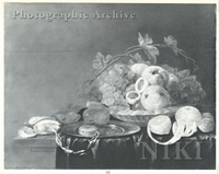 Bowl of Grapes, Pears and Peaches, with a Watch and some Plums on a Plate, and Oysters and Lemons on a Half-draped Ledge