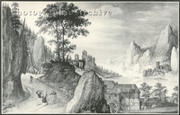 Extensive Rocky River Landscape with Peasants, a Watermill and a Castle beyond