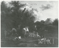 Extensive Wooded Landscape with a Shepherd and Animals by a Pool