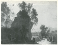 Wooded Landscape at Sunset with Figures on a Path by a Large Rock