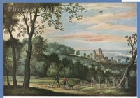 Exentisive Wooded Landscape with Hunters and a Castle in the Distance