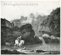 Italian Landscape with a Waterfall and Cattle