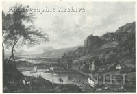 Extensive River Landscape, Numerous Figures in the Foreground, a Windmill in the Centre and Mountains beyond