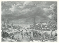 Extensive Winter Landscape with Numerous Skaters with a Village beyond